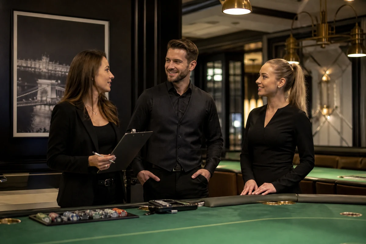 A GoldTowns rendezvényszervező csapata egy előkészített pókerasztal mellett