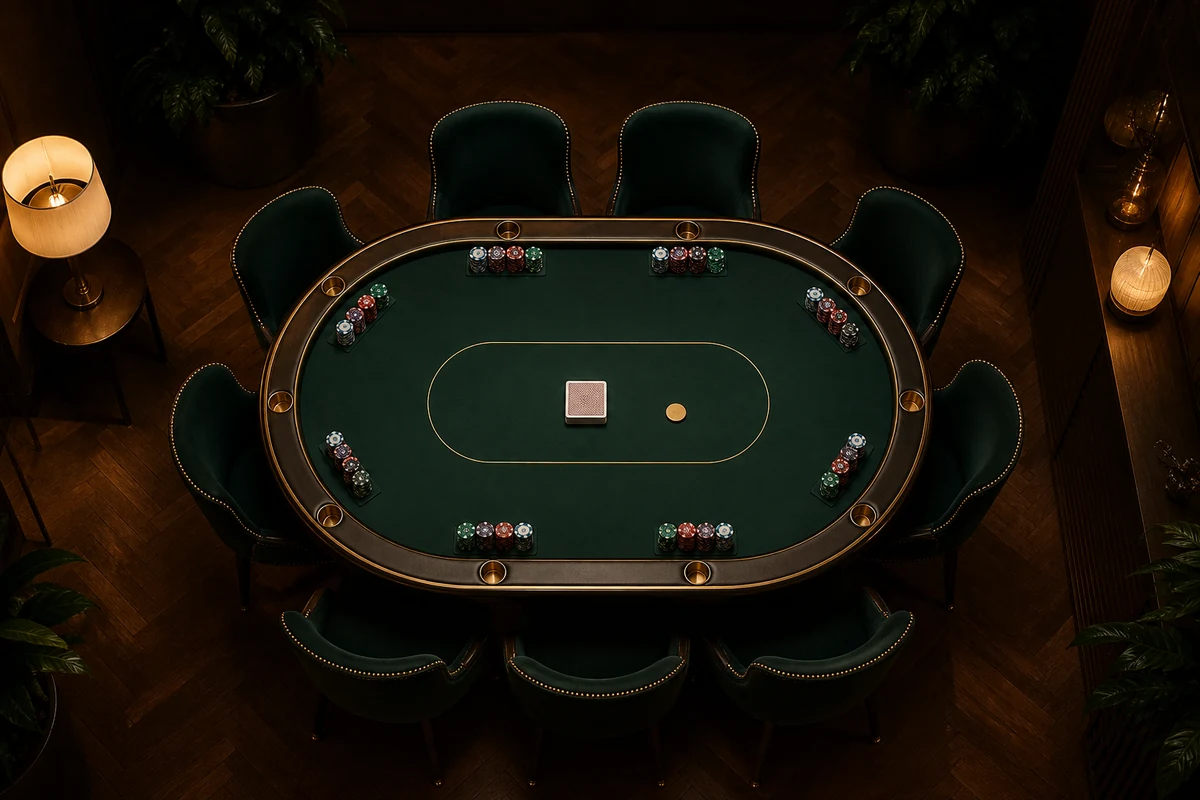 Előkészített Texas Hold’em asztal zsetonokkal és kártyákkal